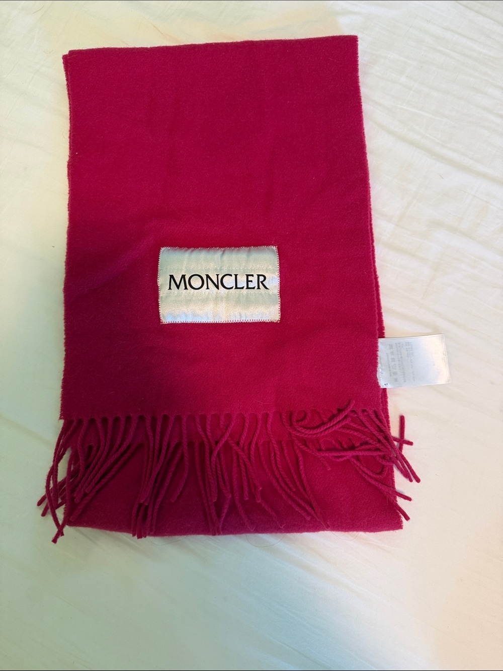Moncler Women's Hot Pink Fringe Scarf with Logo Patch